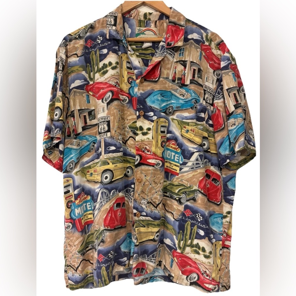 Paradise Found Route 66 Hawaiian Shirt Men’s Large Vintage Classic Cars Aloha